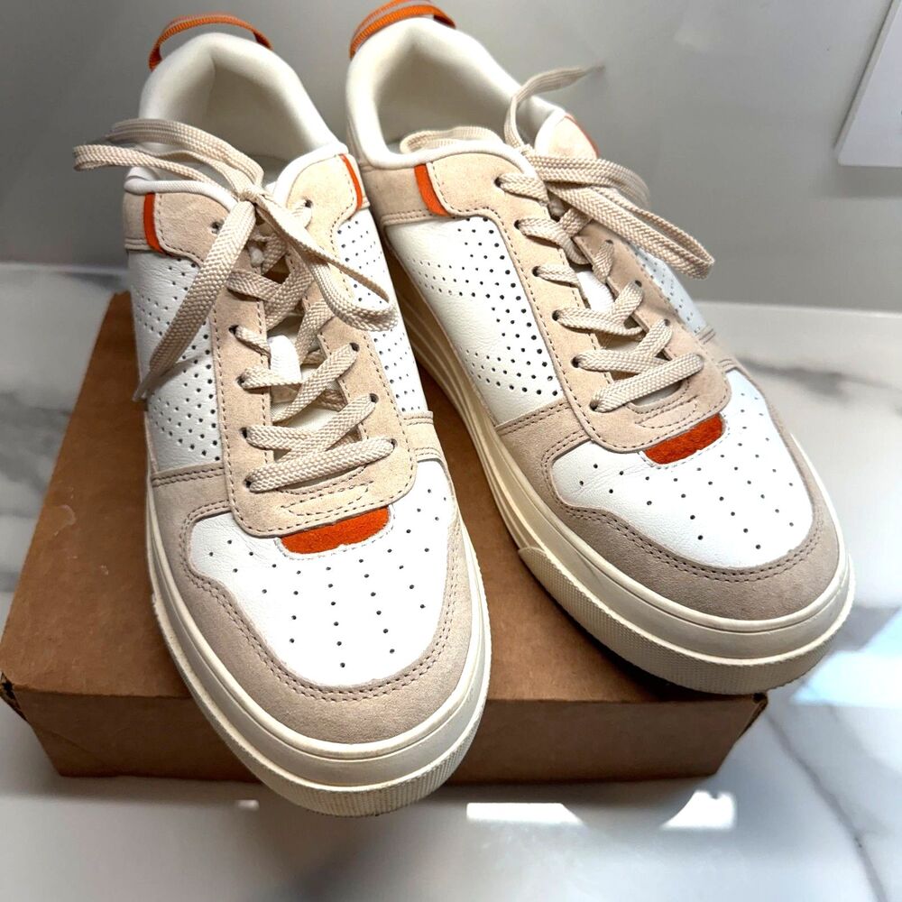 Le Tigre MIDTOWN White/Taupe Leather Low Top Lace Up Platform Sneakers Size 9.5